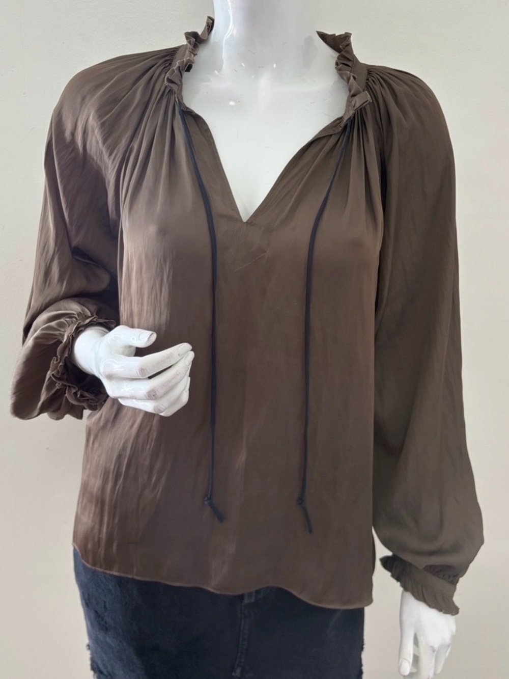 Zadig & Voltaire Theresa Brown Satin Ruffle-Trim Puff Sleeve Long Sleeve Blouse